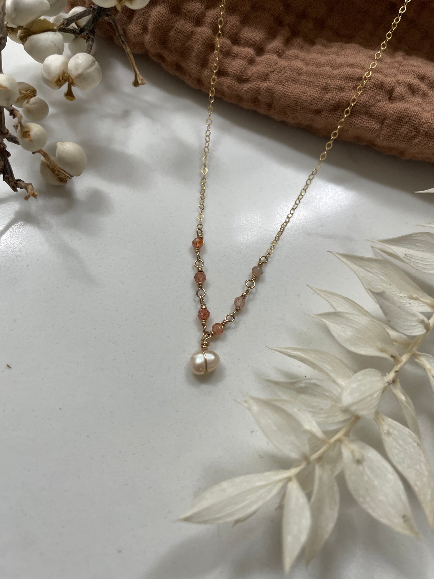 Hana Necklace • Sunstone • Freshwater Pearl
