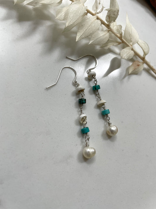 Hilo Earrings • Puka Shell • Freshwater Pearls • Turquoise