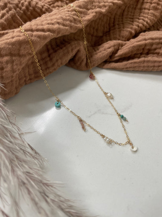 Kona Necklace • Puka Shells • Turquoise • Amazonite • Freshwater Pearls • Sunstone